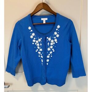 Charter Club size M Petite Crew Neck Cardigan‎ 3/4 Sleeve Daisy Embroidered Y2K